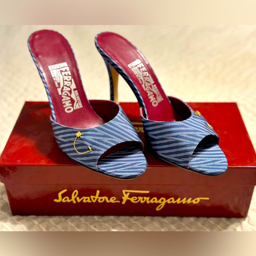 Vintage - Salvatore Ferragamo Denim Striped Heels/ Slides